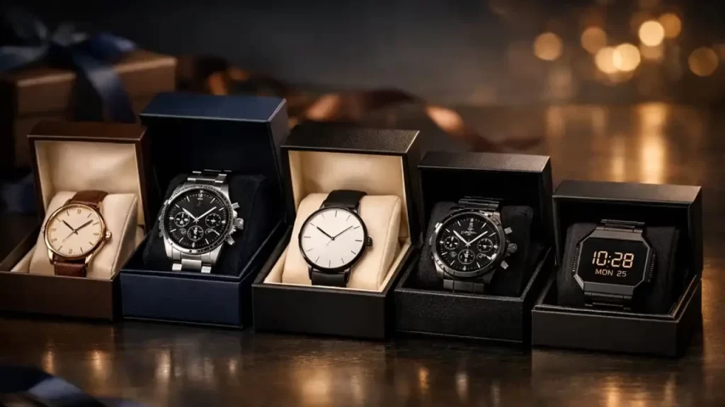 generate a header blog high quality rectangle horizontal picture of masculine different style watches which are in elegant boxes getting ready for being a present. masculine classic atmosphere in general
