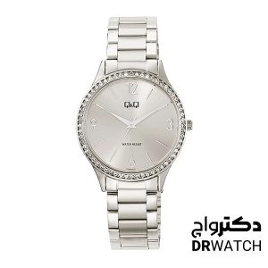 ساعت مچی زنانه نقره ای نگین دار کیو اند کیو مدل Q75B-001PY