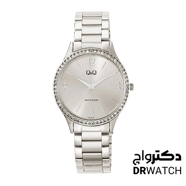 ساعت مچی زنانه نقره ای نگین دار کیو اند کیو مدل Q75B-001PY